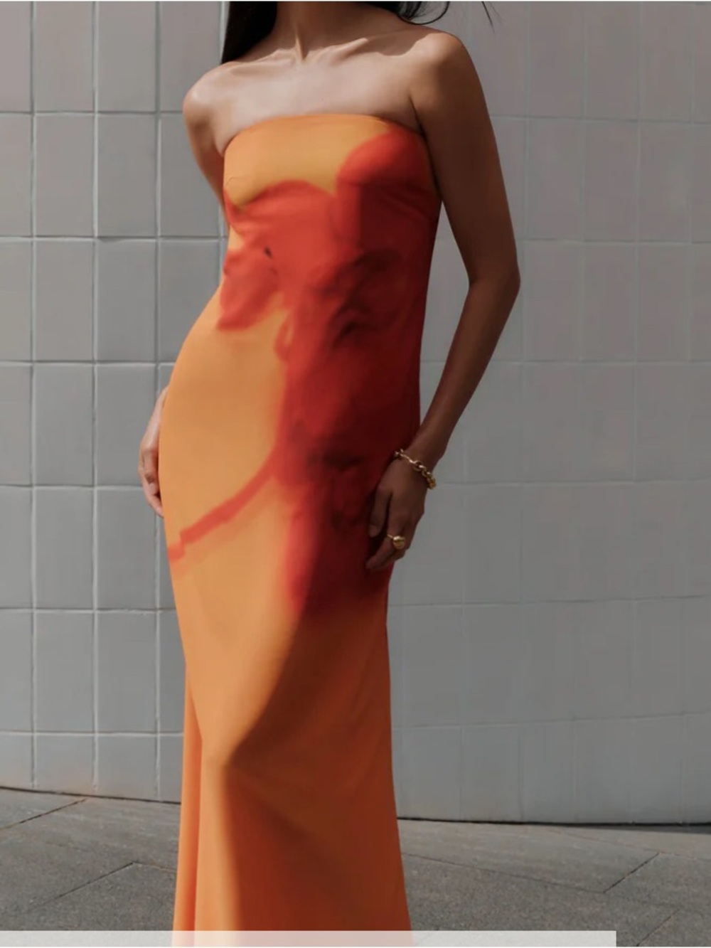 Meshki Strapless Orange Gown with Red Abstract Detail